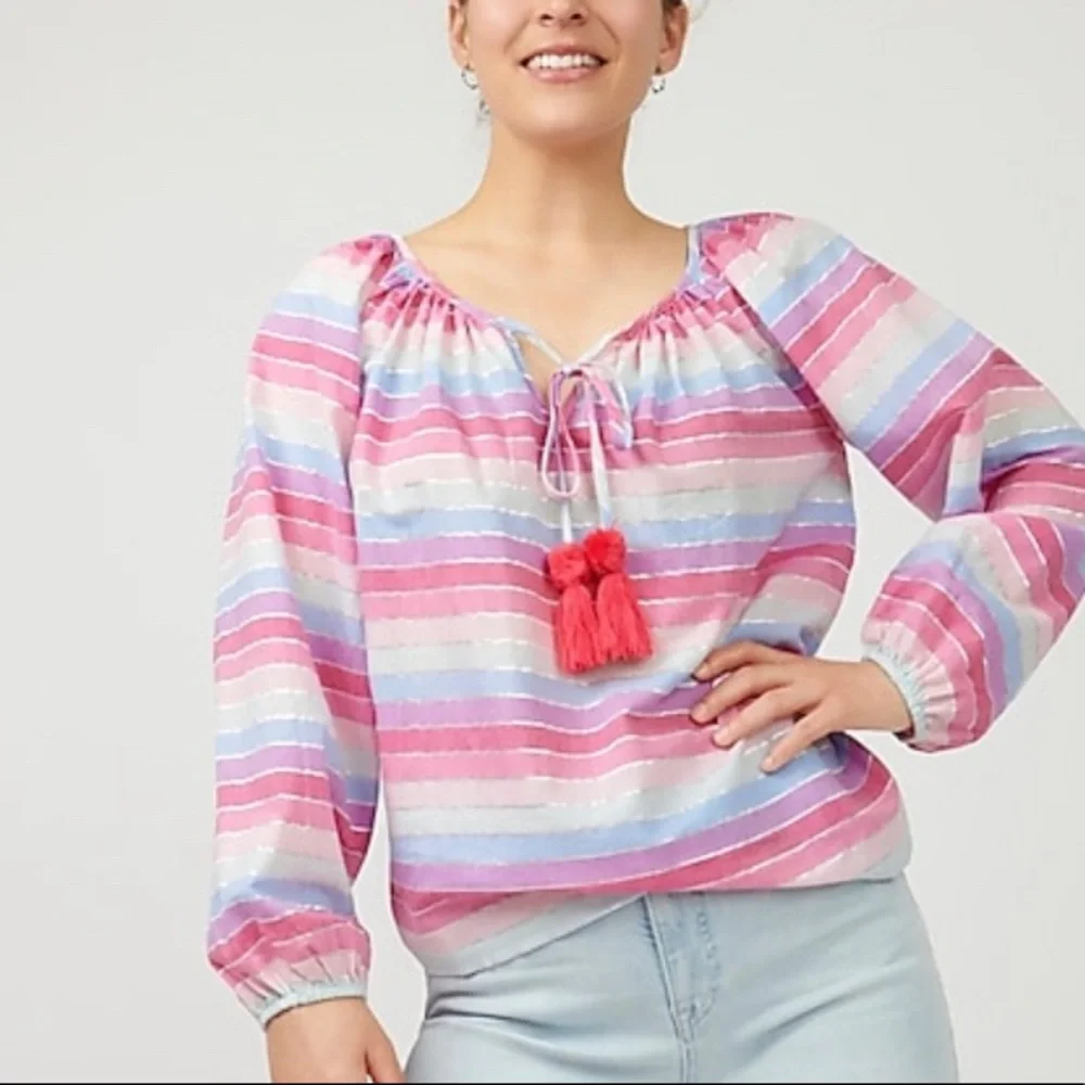 NWT‎ J. Crew Peasant Top in Metallic Pastel Stripe
